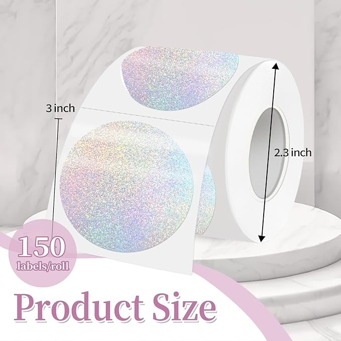 3 Inch Holographic Thermal Labels,Round Thermal Printer Labels,Waterproof Thermal Printer Stickers for DIY Logo Design,Name Tag,QR Code,Thanks Card 150 Labels/Roll (Small dots)