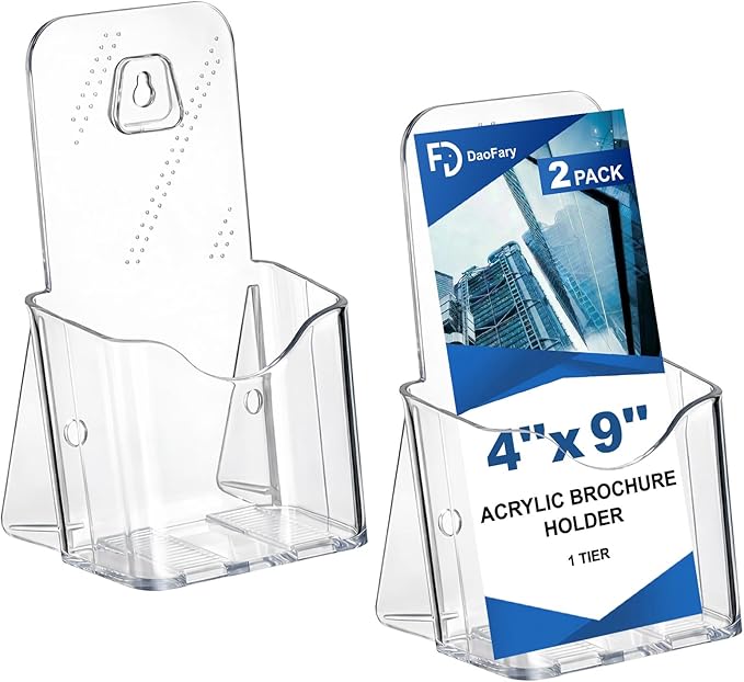 Daofary 2 Pack Acrylic Brochure Holder 4 x 9, Single Tier Brochure Stand for Pamphlets, Flyers, Magazines, Clear Acrylic Display Rack for Desk, Countertop, Wall Mount