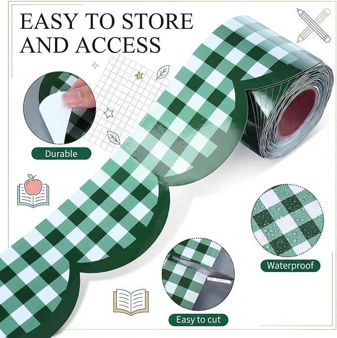 Zonon 65ft Dark Green Gingham Bulletin Board Border, Scalloped Trim Classroom Decoration for Back to School, Whiteboard, Blackboard, Cork and Posterboard, Party, Office