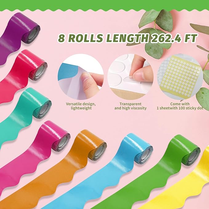 8 Rolls 262.4 Ft Bright Bulletin Board Borders Set - Decorations for Office, School Classroom Decor, Teachers & Home DIY - Posters & Birthday Parties - Board Trim