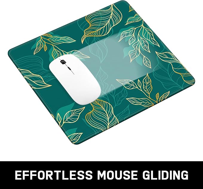 Mouse Pad, Minimalism Marble Style Computer Pad, Anti-Slip Rubber Mouse Mat with Stitched Edges for Gaming, Office, Laptop, PC, Women, 9" x 8" Thick 3 mm, Green Leaves