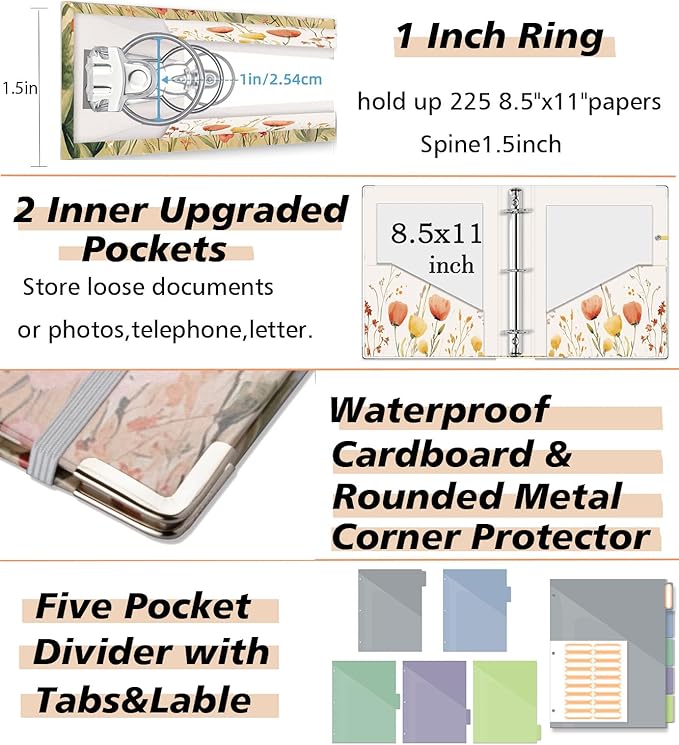 3 Ring 1 Inch Binder Organizer, BVSSX Three Ring Binders with Clipboard, 5-Tabs Pockets Dividers, Plastic Folder, 18 Divider Stikers,Pen Loop (Weeds, Letter Size)