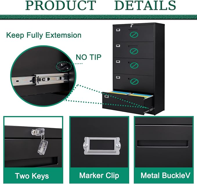 5 Drawer File Cabinet with Lock,Metal Lateral Filing Cabinets for Home Office Hanging Files Letter/Legal/F4/A4 Size(Black-Requires Installation)
