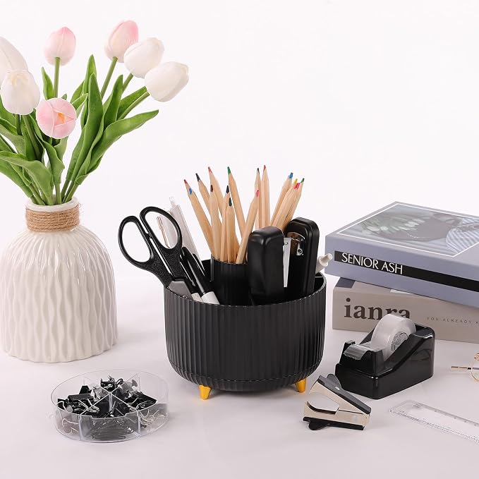 SKYDUE Black Office Supplies with Pencil Holder,Desk Accessories 11PCS | Office Desk Accessories Included Stapler with Staples, Staple Remover,Tape Dispenser, Binder Paper Clips Kit,Scissor, Pens