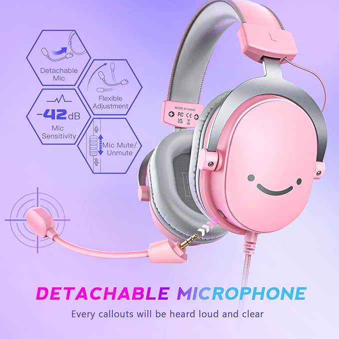 FIFINE USB Gaming Headset, PC Over-Ear Wired Streaming Headset with 3.5mm Jack, Detachable Microphone, 7.1 Surround Sound, Control Box, Passive Noise Cancellation, for PS5/Xbox/Switch-H9 Pink