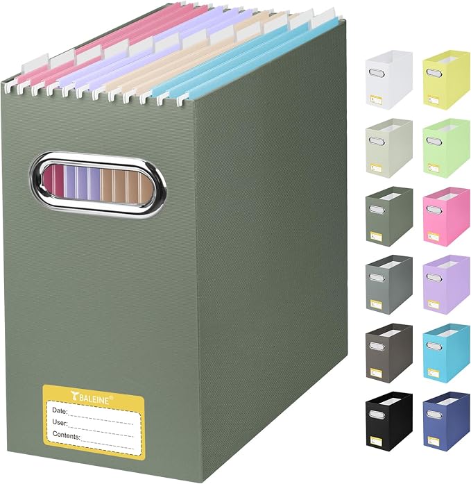 BALEINE File Organizer Box, Cardboard File Folder Organizer with Handle for Letter Size, Portable Collapsible Hanging Filing Box for Home Office Document Storage (1 Pack,Olive)