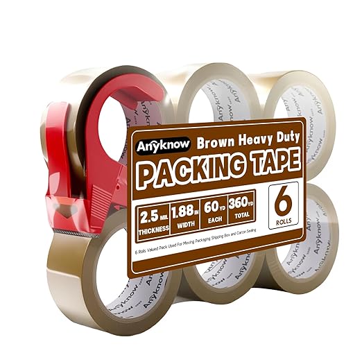 Brown Packing Tape 6 Rolls Heavy Duty Packing Tape with 1 Dispenser - 2.5mil x 1.88" x 60Y Strong Adhesive Packaging Tape for Carton Sealing, Shipping, Mailing & Storage