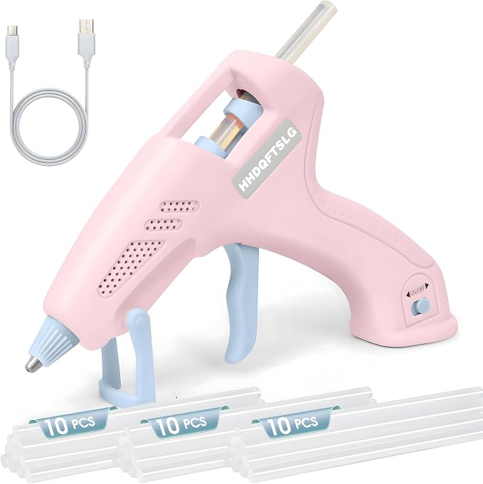 Pink Cordless Hot Glue Gun with 30 Sticks, Fast Heating 2.6Ah Rechargeable | 20W Anti-Drip Glue Gun and Sticks Set (0.27"×6") USB-C Rechargeable Mini Glue Gun Ideal for School Crafts DIY Making Repairs