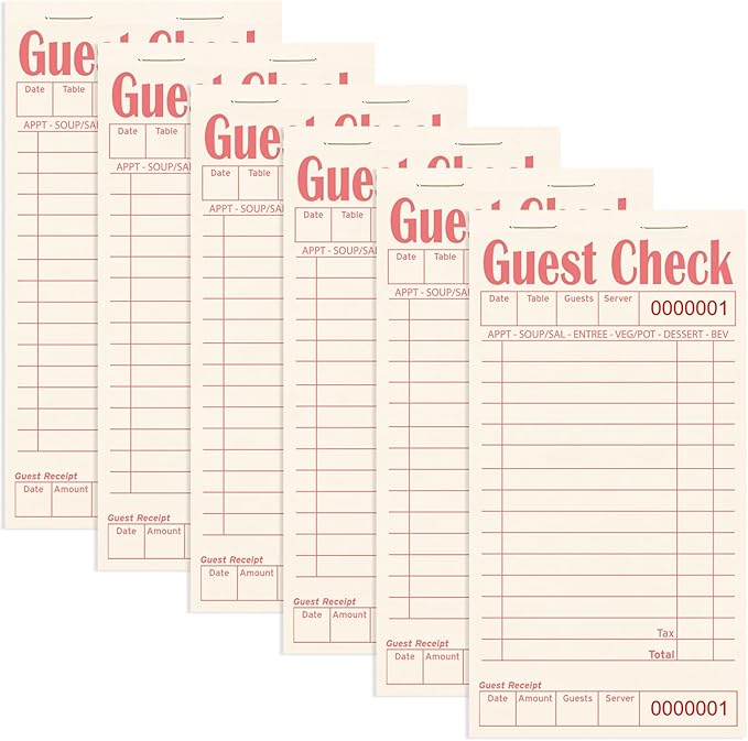 Guest Checks Books for Servers, Server Note Pads, 6 Pack, Natural Color Paper, Waitress Notepad for Restaurants, Waitress Accessories, 300 Sheets, Pink