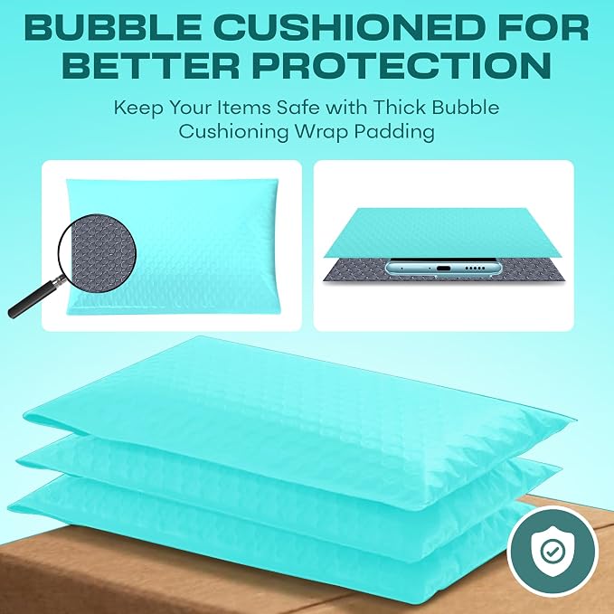 Teal Bubble Mailers 9.5x14.5, Self Seal Poly Padded Envelopes #4, 200 Pack | Fits Books & Magazines, No Tape Needed, Cushioned Protection, Water-Resistant Poly, Bulk Pack for Small Business