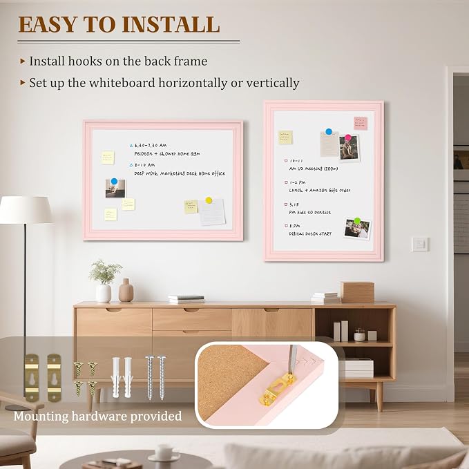 White Board for Wall, 36'' x 24'' Magnetic Dry Erase Board, Pink | Wooden Frame, Decorative Whiteboard, Wall Mounted, for Home, Office, Kitchen, Dorm, 4 Markers, 6 Magnets, A Eraser