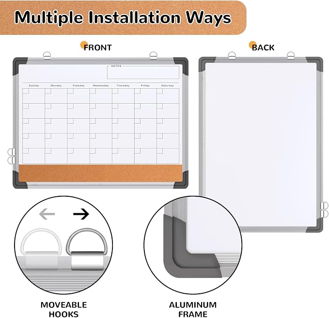 Monthly Calendar Whiteboard for Wall, Dry Erase Board with Cork Board Combo | 17"x13" Small Magnetic White Board, Double-Sided Hanging Board for Office Home, Portable Board for Planner Memo