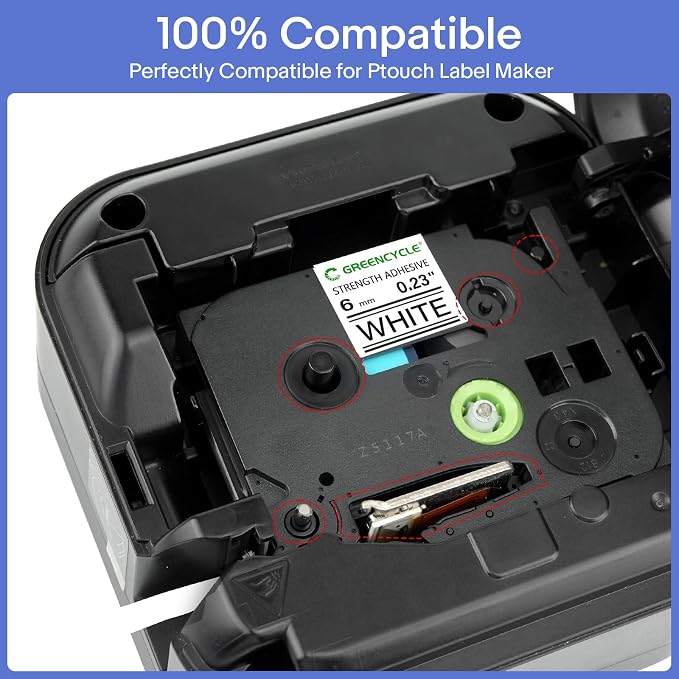 GREENCYCLE Extra Strength Label Tape TZe-S211 6mm 0.23" Laminated White Compatible for Brother P-Touch TZeS211 TZ-S211 TZe TZ 1/4 inch Black on White Label Tape for PT-D200 PT-D210 PT-D220, 2 Pack