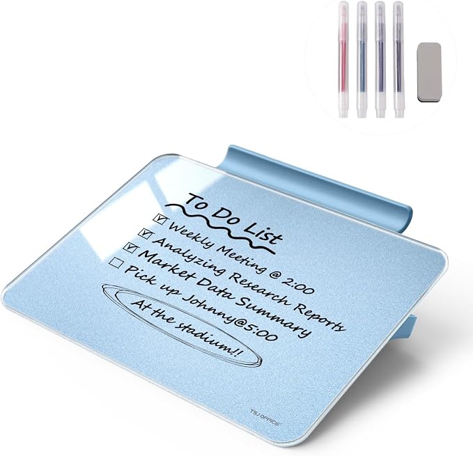 Small Desktop Whiteboard - Glass Dry Erase Board 8 X 6 Inches Tabletop Easel Whiteboard with Stand, Desk Board Buddy for Artist, Teacher and Student - Blue ＆ Gold
