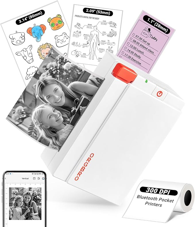 ORGBRO X3 Sticker Printer Machine, Mini Printer Print Pods Label Maker | 300 Dpi, 3 Inch Bluetooh Pocket Printer,Portable Thermal Inkless Sticker Maker for Notes, Journal, Photos, DIY, Kids Gift