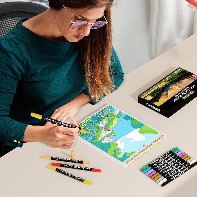 24 Colors Precision Dual Tip Acrylic Paint Markers Pens - Brush & Fine | Performs on Rock, Wood, Paper, Fabric, Egg, Scrapbook, Glass, Ceramic, Canvas, DIY Crafts Art Gift - School Supplies