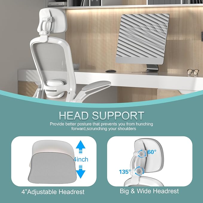 Mimoglad Office Chair, High Back Ergonomic Desk Chair with Adjustable Lumbar Support and Headrest, with flip-up Armrests for Guitar Playing, 5 Years Warranty (Moon Grey)