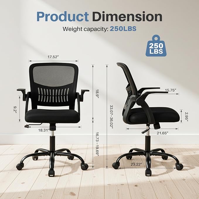 DUMOS Home Office Desk Chair, Computer Lumbar Support Chair | Ergonomic Mesh, Flip-up Armrest Height Adjustable, Rocking Mode 360 Swivel, Meeting Room, Black