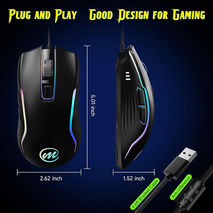 memzuoix Wired Gaming Mouse with RGB - 6 Adjustable DPI up to 12800, 6 Buttons, 12 Lighting Modes, Ergonomic Design with Anti-Slip Rubber Wheel, 5.6ft Braided Cable for PC/Mac/Windows - Black