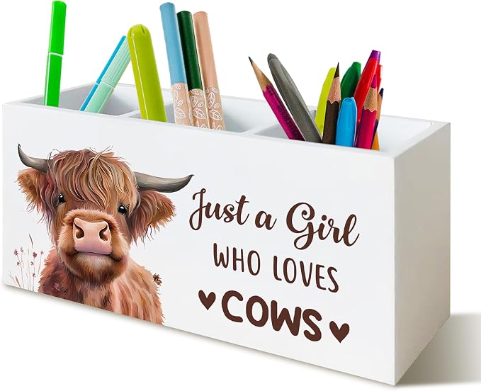 Highland Cow Pen Pencil Holder Organizer for Desk, Highland Cow Gifts for Women Girls, Just a Girl Who Loves Cows Farmhouse Wooden Box Block Sign for Home Classroom Dorm Office Tabletop Decor