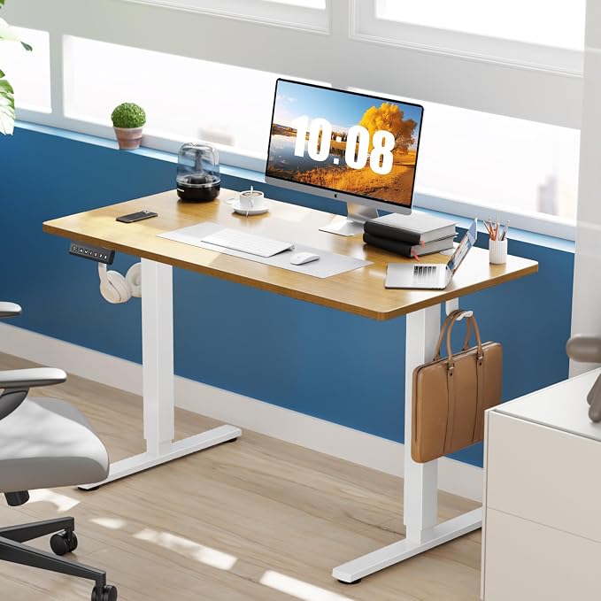DUMOS 47 Inch Electric Standing Desk, Memory Adjustable Home Office Desk | Sit Stand Up Desk for Work Home Office,Adjustable Desk, Rising Computer Table with Splice Board,Cable Management,Hook,Oak