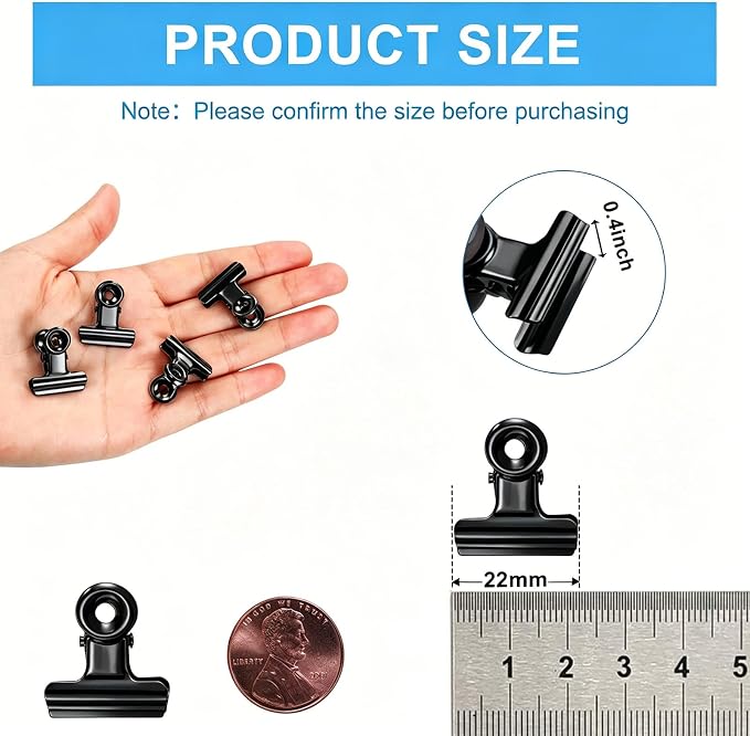 60 Pcs Metal Bulldog Clips, Black Small Bull Clips, Mini Metal Hinge Clip Tiny Bull Binder Paper Clamp for Crafts, Tags Bags, Food Bags, Drawings, Photos, Price Tag, Home Office Supplies (Black 22mm)