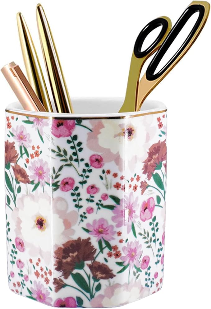 Large Capacity Colored Pen Holder for Desk, Ceramic Pencil Holder Pen Cup Marker Holder Floral Makeup Brush Holders, Desk Accessories & Workspace Organizers for Home, School & Office(Pink White)