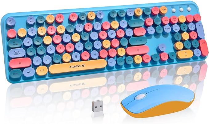 Wireless Keyboard and Mouse Combo, 105 Keys Full-Sized 2.4 GHz Round Keycap Colorful Keyboards, USB Receiver Plug and Play, for Windows, Mac, PC, Laptop, Desktop (Blue Colorful)