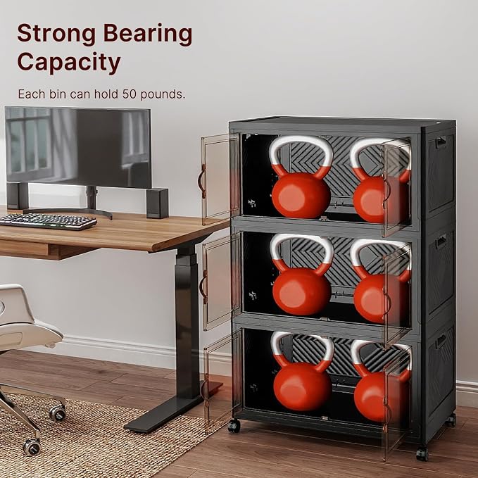 Stackable Storage Bins with Lids,720QT Lockable Storage Cabinet | Folding Storage Box with Doors and Wheels, Collapsible Plastic Drawers for Home, Garage, Office
