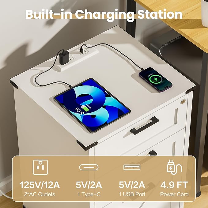 Onelike Small Wood File Cabinet with Charging Station and Lock, 3 Drawers | Built-in 2 AC, USB & Type-C; 1 lock secures 3 drawers; Nightstand, Printer stand and Mobile under-desk cabinet; White