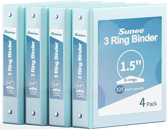 SUNEE 1.5 Inch Binders 3 Ring 4 Pack, Clear View 1 1/2 Inch Binders Three Ring PVC-Free (Fit 8.5x11 Inches) for School or Office Supplies, Blue