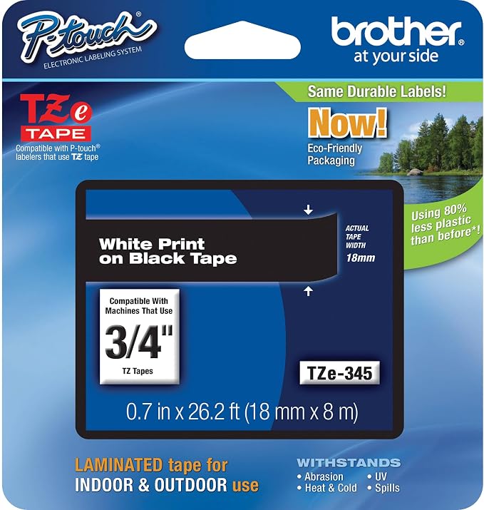 Brother Genuine P-Touch TZE-345 Tape, 3/4" (18 mm) Standard Laminated P-Touch Tape, White on Black, Laminated for Indoor or Outdoor Use, Water-Resistant, 26.2 ft (8 m), Single-Pack