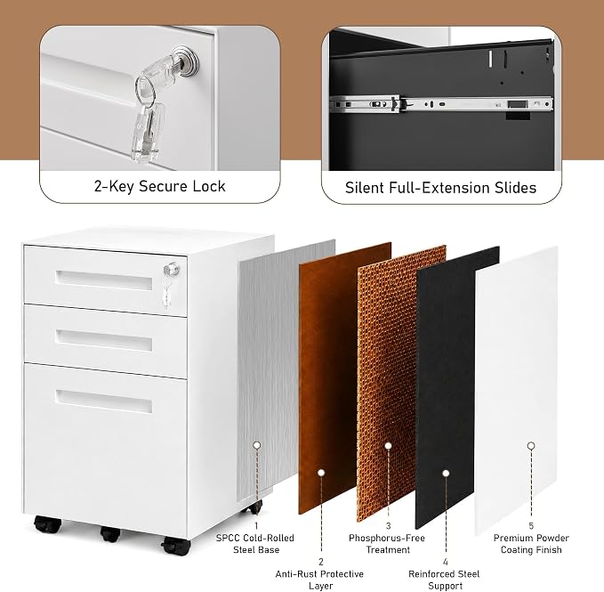 Approgreent Fully Assembled Home Office Filing Cabinet with Lock | Mobile File Cabinet with Anti-tipping Wheels, Fits A4, Letter & Legal Size Files & Folders, Matte White