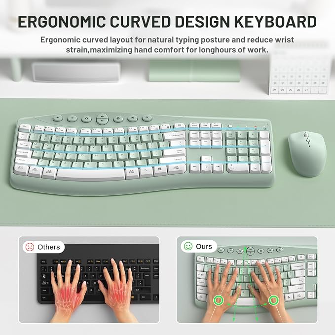 Wireless Keyboard and Mouse Combo Silent Ergonomic Curved Design for Office