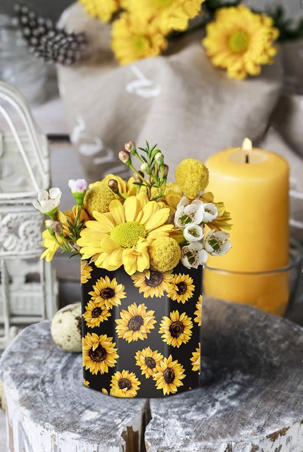 Pen Holder, Pencil Holder for Desk Floral Pattern Pencil Cup for Girls Kids Durable Ceramic Desk Organizer Makeup Brush Holder for Office, Classroom, Home, Sunflower