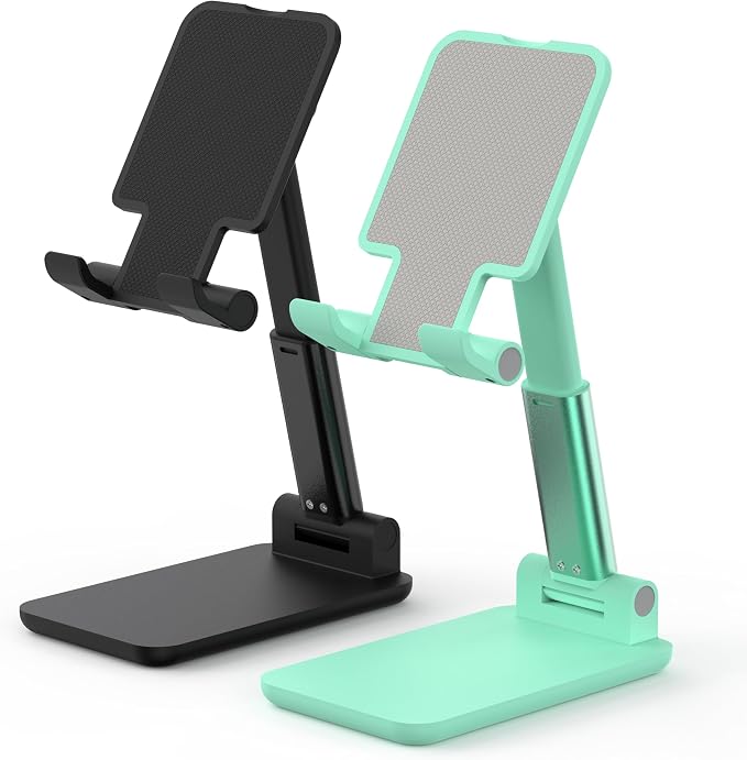 2 Pack Cell Phone Stand for Desk, Adjustable Angle & Height, Foldable Portable Phone Holder with Anti-Slip Silicone Pad, Compatible with iPhone 17/16/15/14/Smartphones 4–8 Inch, Black&Green