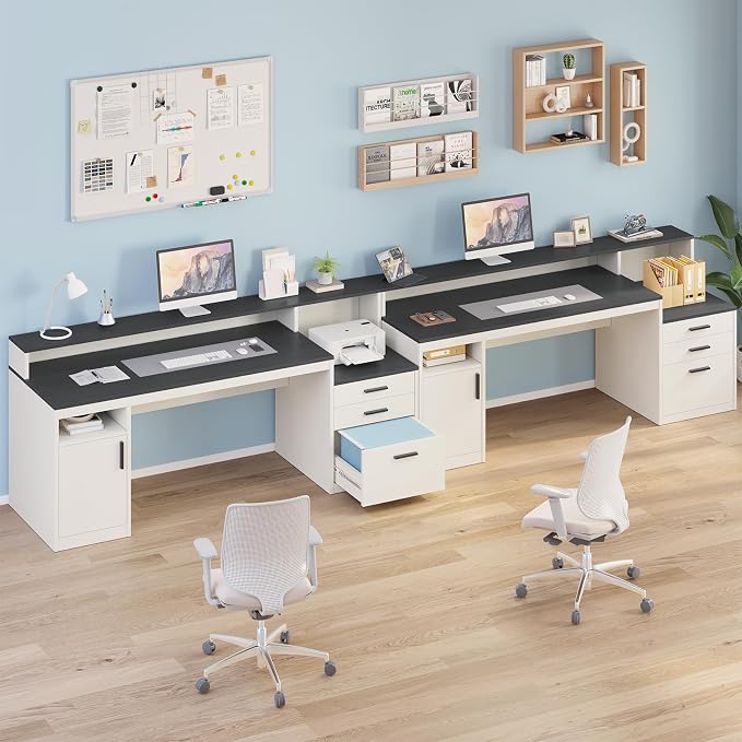 65" Computer Desk with 3 Drawers & Printer Shelf for Home Office | Office Desk with Printer Shelf & File Drawer, Executive Desk Writing Study Table with Monitor Stand, Black & White