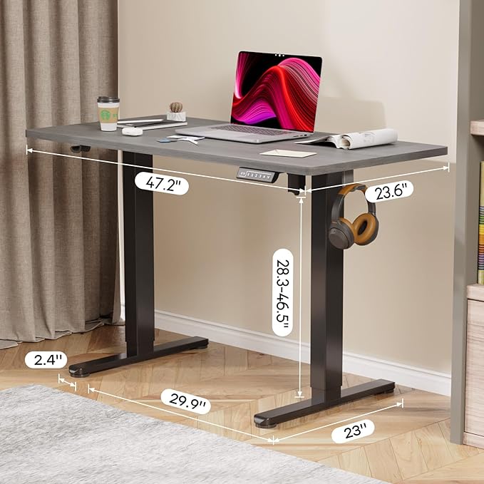 Grey Standing Desk, 48 X 24 Inch Adjustable Height Electric Table, Sit Stand Desk with 2 Hooks, Ergonomic Rising Workstation with Splice Board
