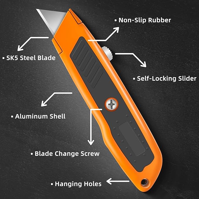 DIYSELF 2 Pack Utility Knife, Heavy Duty Box Cutter Retractable Knife, Aluminum Alloy & Rubber Handle, Razor Knife Carpet Cutter, Box Opener for Warehouse, Shop, Cardboard (Orange)