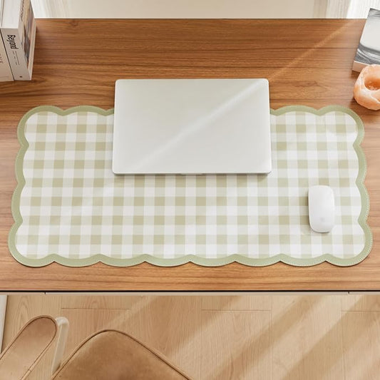 Ohocut Scalloped Gingham Checkered Desk Pad，Sage：31.5" x 15.7" | Large, Premium Faux Leather, Anti-slip Bottom, Water Repellent, Easy to Clean, Aesthetic Trendy Design