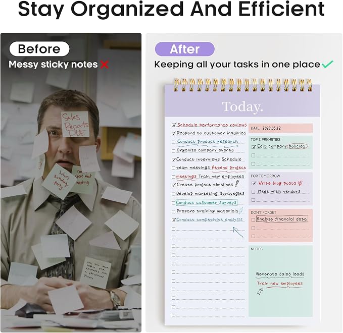 To Do List Notepad, Undated Daily Planner for Work and Goal Setting | Multi, 52 Sheets, 9.8" x 6.5" , for Office, Home and school, Daily Task Planning, Notes and Everyday Organization, 6Pack