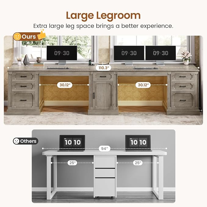 SEDETA Farmhouse 110.3" Two Person Desk with 7 Drawers, Long Computer Desk with Storage Cabinet, 2 Person Desk with Power Outlets for Home Office, Gray