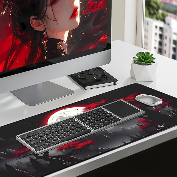 Large Gaming Mouse Pad, Anime Black Mousepad with with Non-Slip Base, Expanded Cool Desk Mat, Mountain Moon Scenery XL Keyboard Mat Suitable for Home Office,31.5 X 15.7 Inch