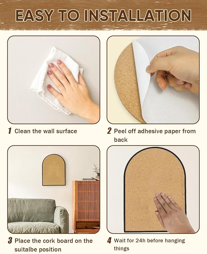 Self-Adhesive Arch Pin Cork Board, 10.4" x 14.4" 1/2" Thick (Black)