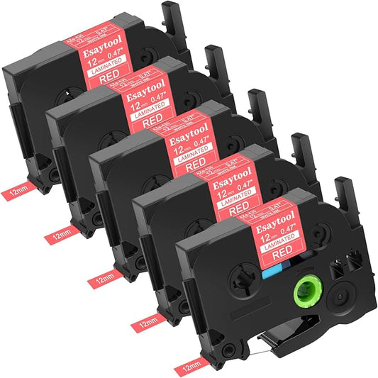 5 Pack Esaytool Replacement for P-Touch TZe-435 TZe435 TZ435 0.47" 12mm 1/2" White on Red Laminated Label Tape Compatible with Ptouch PT-D210 D220 H110 H100 P710BT D220 D410 D600 D450 Label Maker