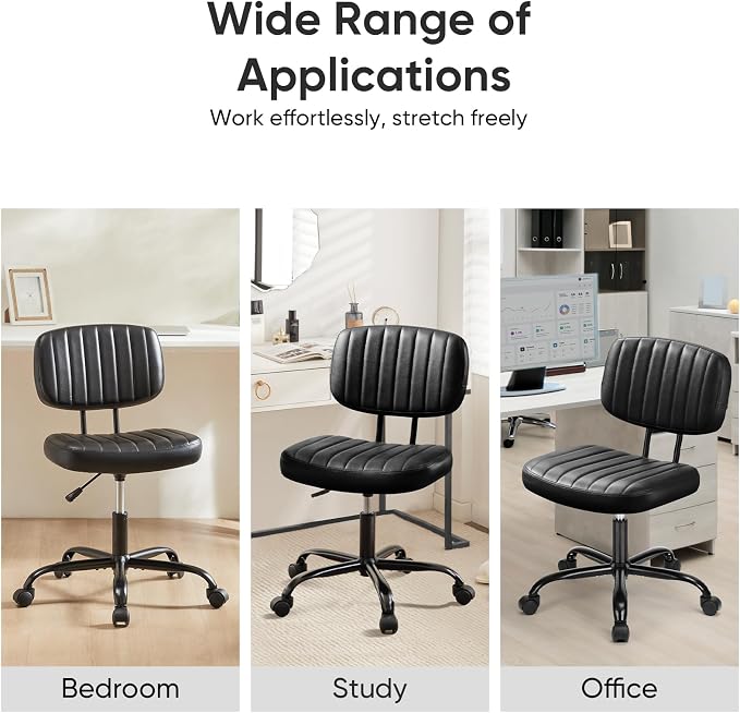 DUMOS Home Office Chair, Ergonomic Computer Desk Chair, Lumbar Support | Armless Height Adjustable, PU Leather, 360 Swivel Wheels, Small Space, Adults, New Black