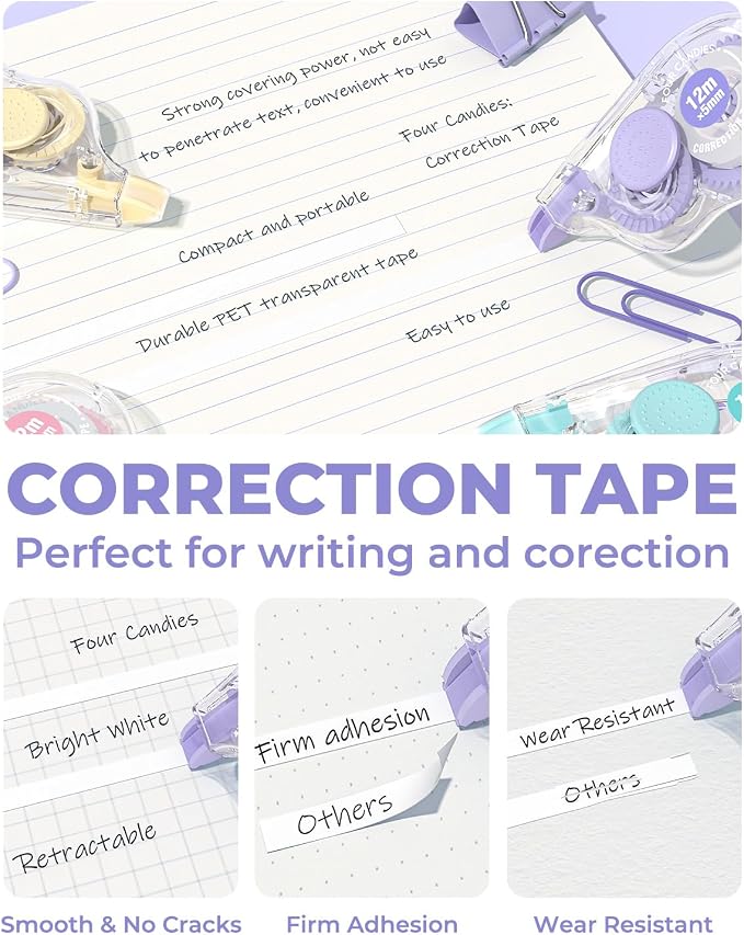 Four Candies White Correction Tape, 39.4 ft, 12 Pack Smooth Pull-Out Tape | Easy to Use Applicator for Instant Corrections, Tear-Resistant, Smooth & Quick-Drying Tape for Office & School Supplies