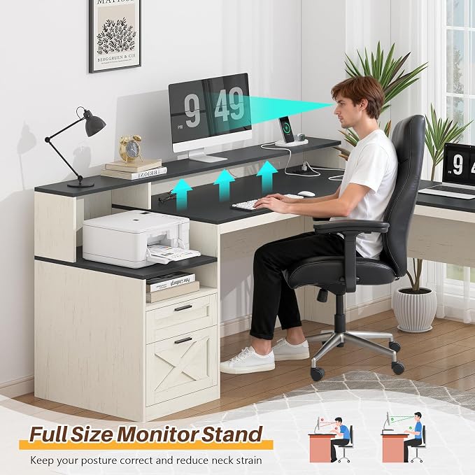 63" Farmhouse L Shaped Desk with Drawers & Storage Shelves for Home Office | Corner Desk with Outlets & LED Lights, L-Shaped Office Desks with File Drawer, Printer Shelf, Monitor Stand, Black & White