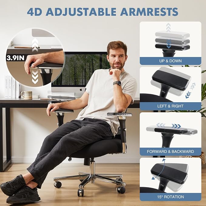 DUMOS Big and Tall Office Desk Chair, 500lbs Heavy Duty Mesh Chair | Ergonomic 4D Armrest, Comfortable Lumbar Support, Wide Seat, 360° Swivel Rolling Wheels, Adult, Black