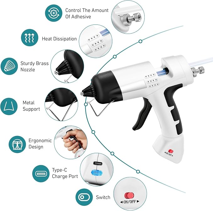 Cordless Hot Glue Gun Kit with 30 Sticks, Fast Heating 2.6Ah Rechargeable | 20W Anti-Drip Glue Gun and Sticks Set (0.27"×6") USB-C Rechargeable Mini Glue Gun Ideal for School Crafts DIY Making Repairs